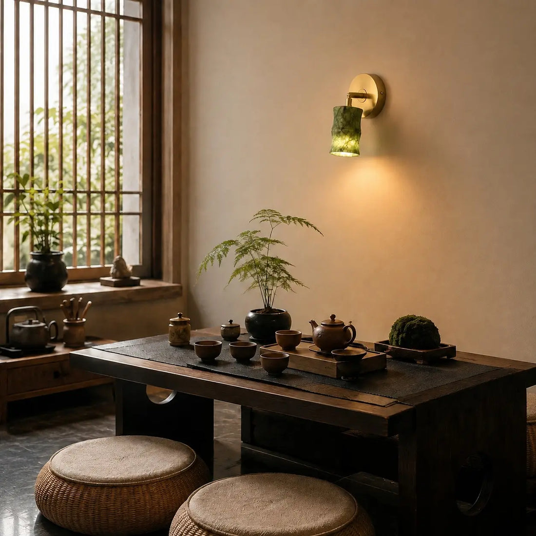 Green jade wall sconce illuminating a warm dining space