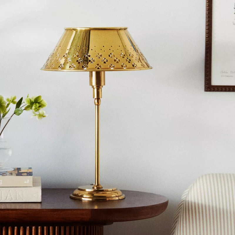 Auriglow Brass Perforated Table Lamp - Space Age Floral Bedroom Light
