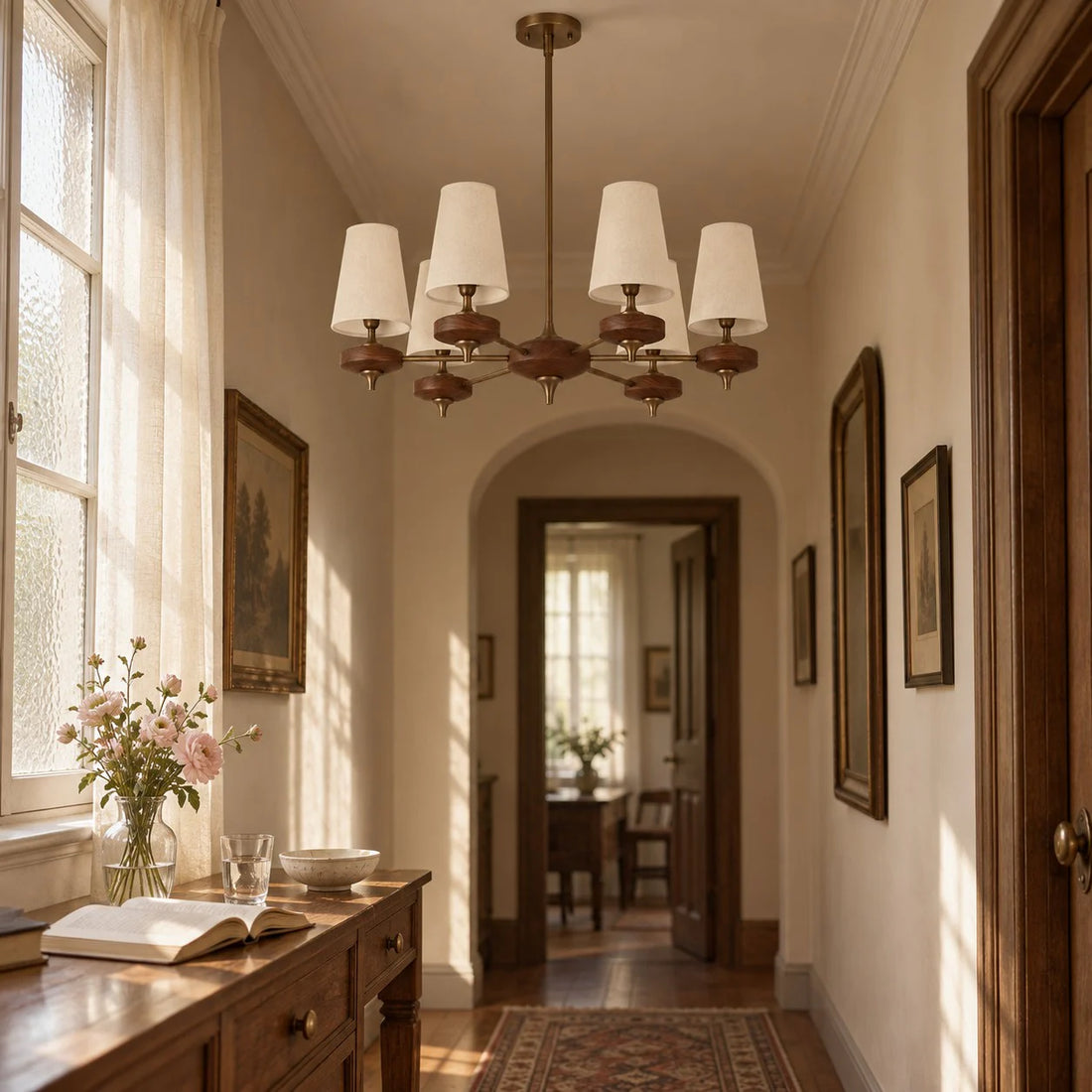 6-light Hour Rho chandelier in white velvet styled in a warm interior