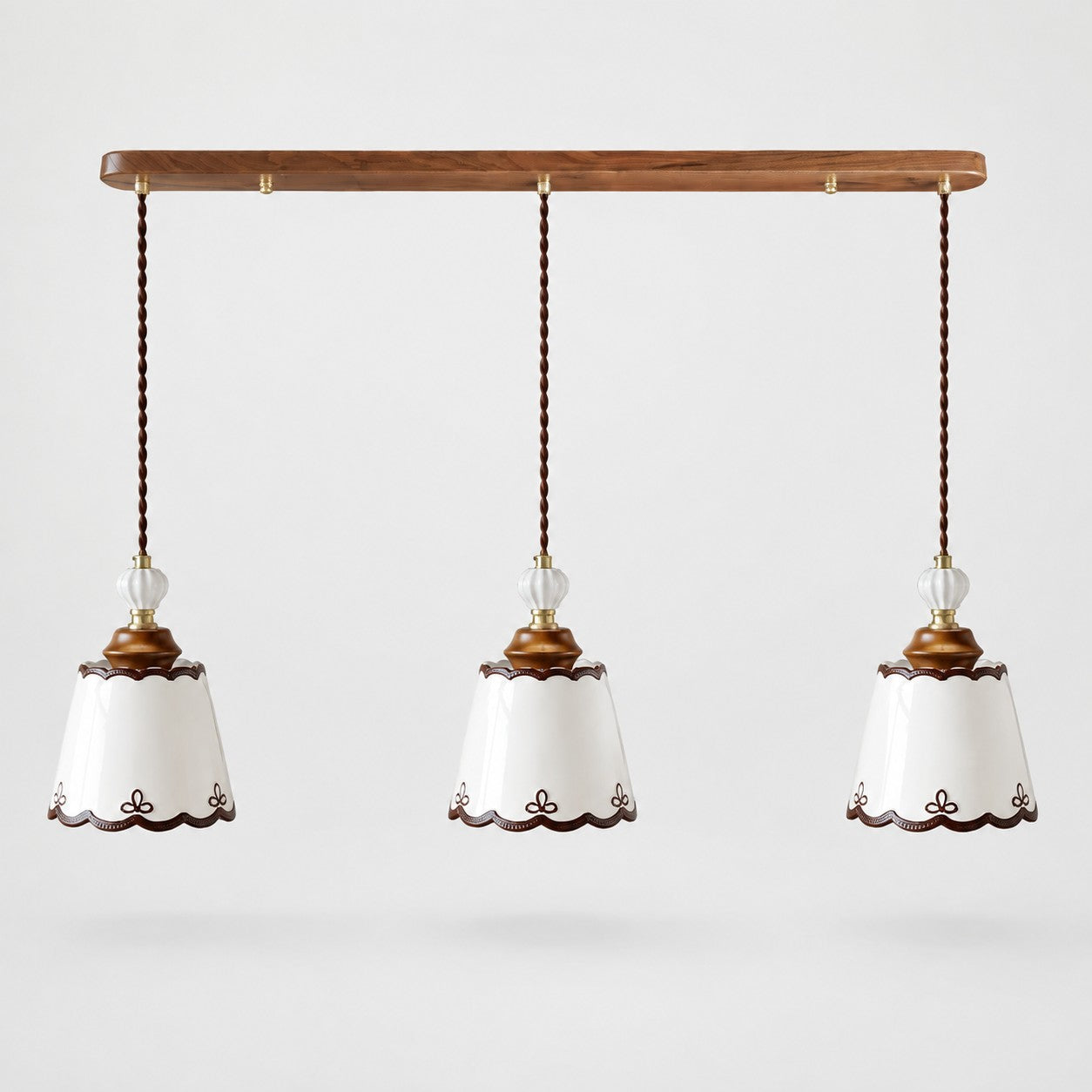 three-light ceramic pendant with a 100 cm wood ceiling plate