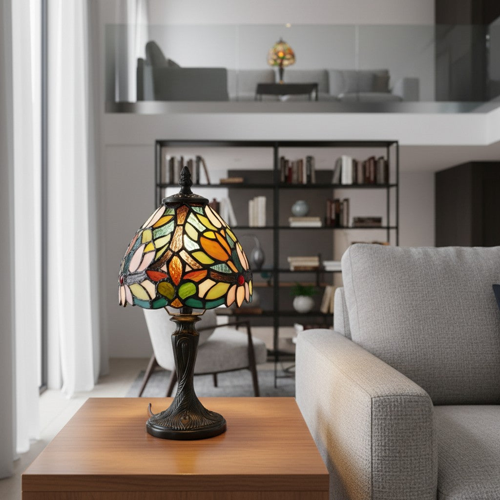 Calyra Vintage Floral Stained Glass Table Lamp — Art Deco Tiffany Style Accent Light for Bedside and Living Room