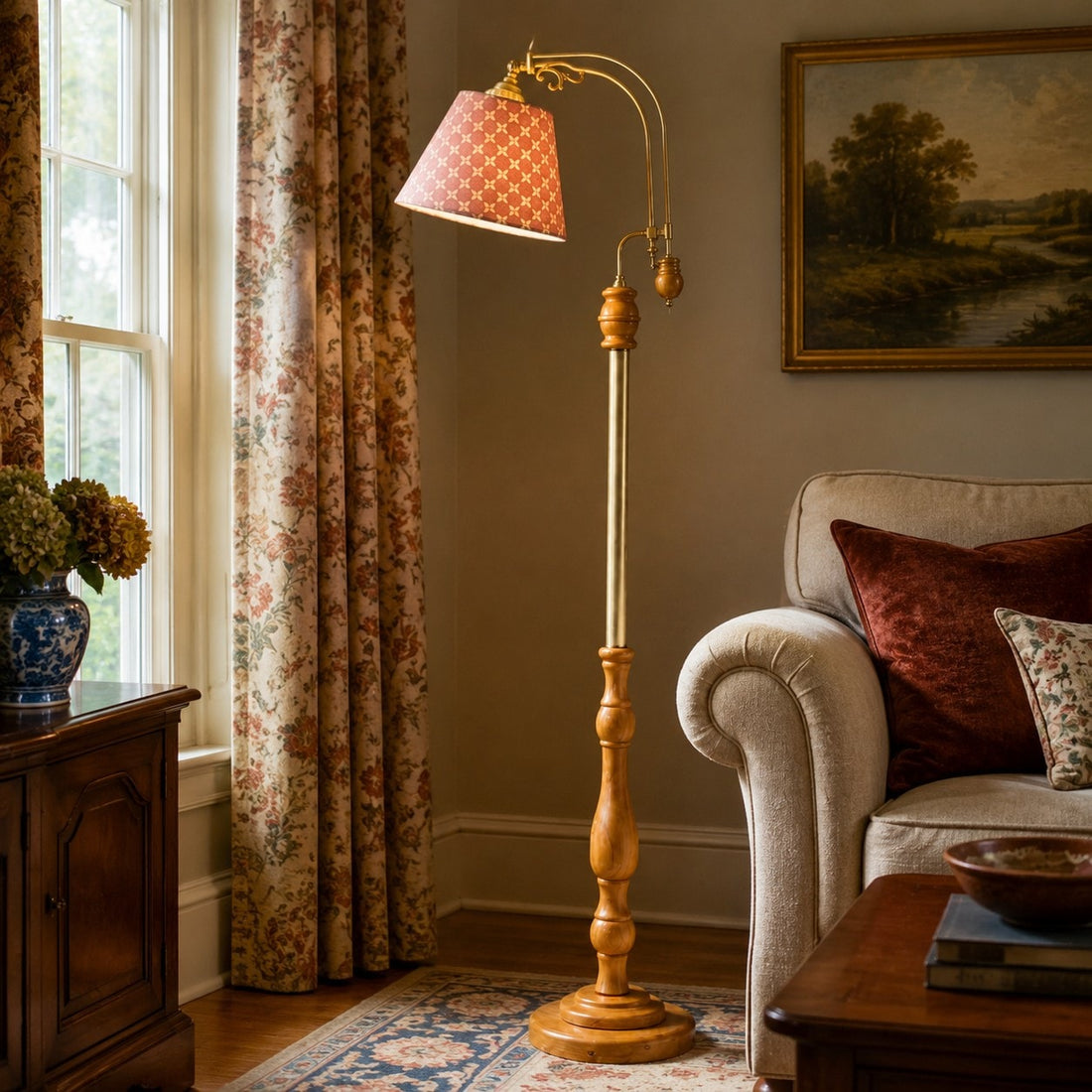 Vintage Wood and Fabric Floor Lamp