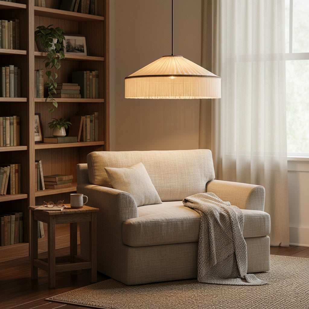 Beige Stecker-Pendelleuchte aus plissiertem Stoff mit Fransen