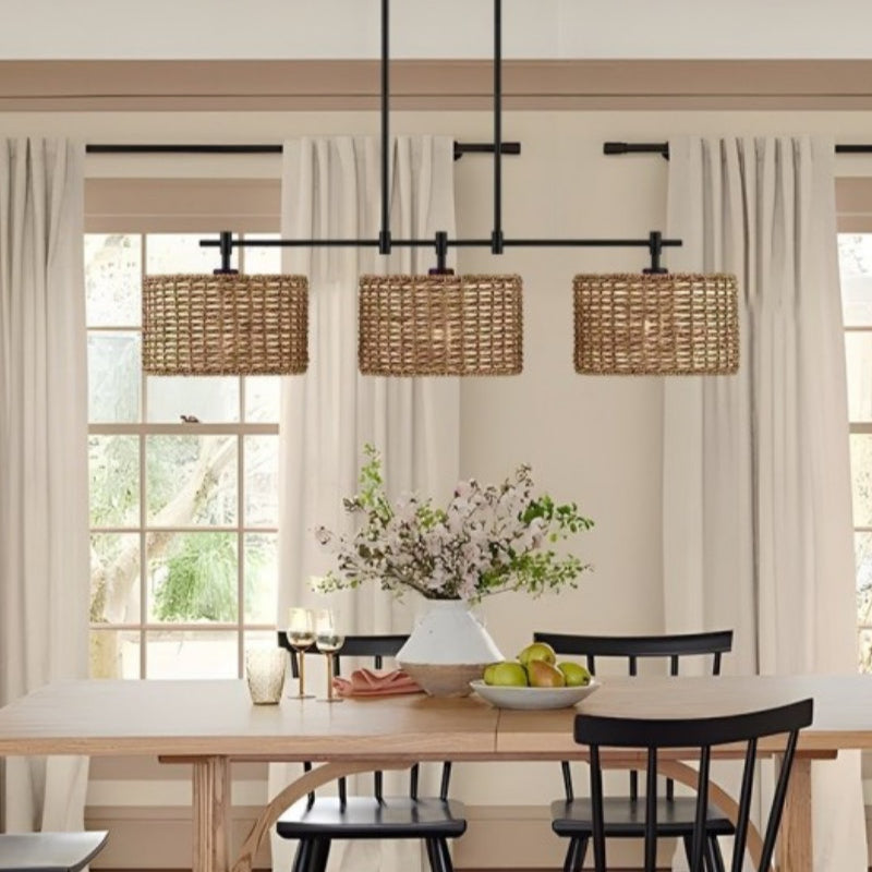 3 Light Handwoven Drum Farmhouse Pendant Light