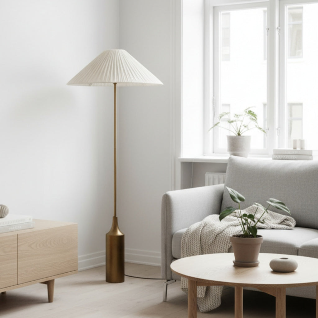 Lindi - aged brass and linen scalloped floor lamp