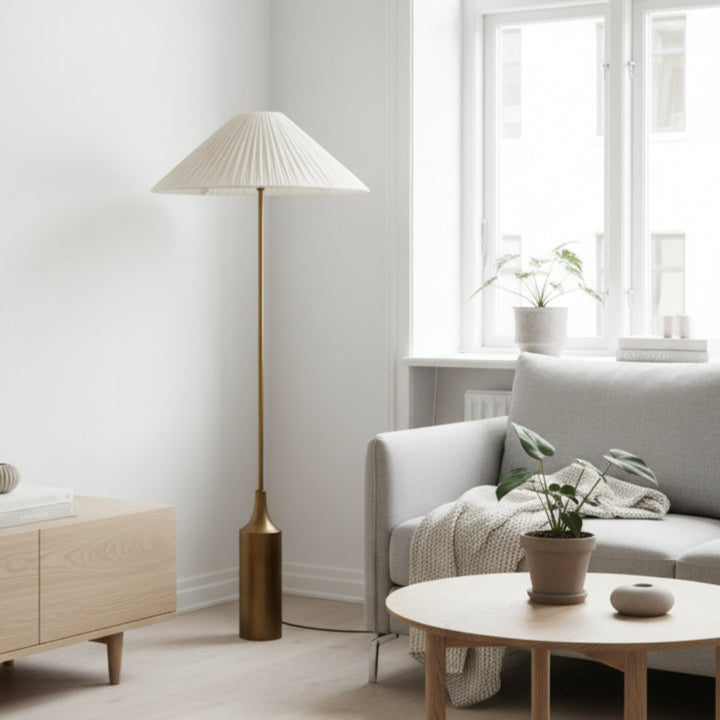 Lindi - aged brass and linen scalloped floor lamp