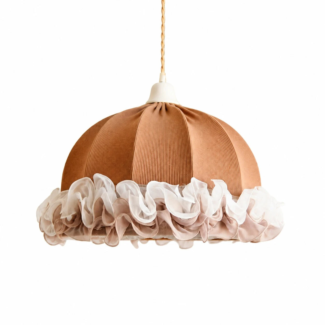 Taupe and white ruffled fabric pendant light