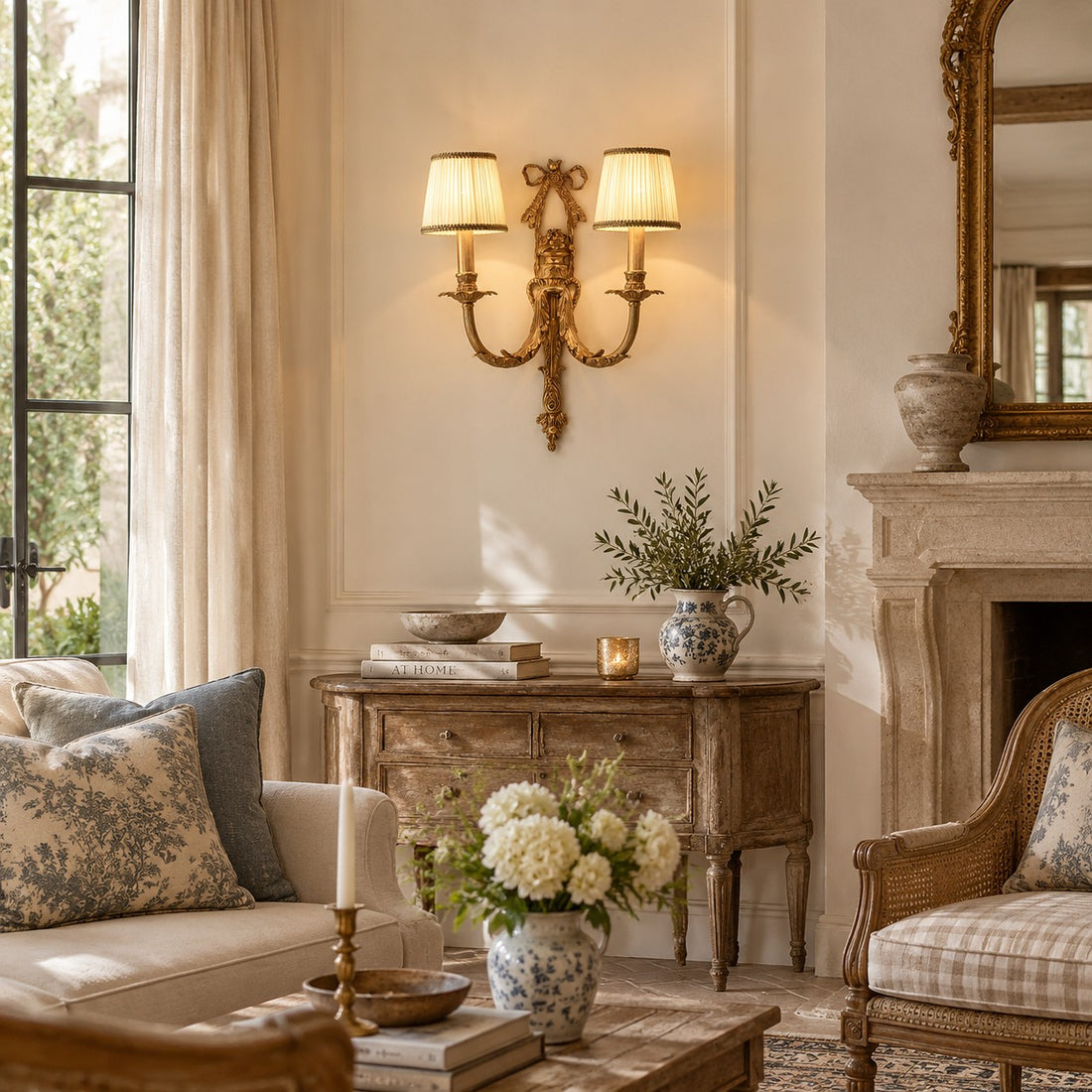 Two-head brass wall sconce with white shades in a refined living room