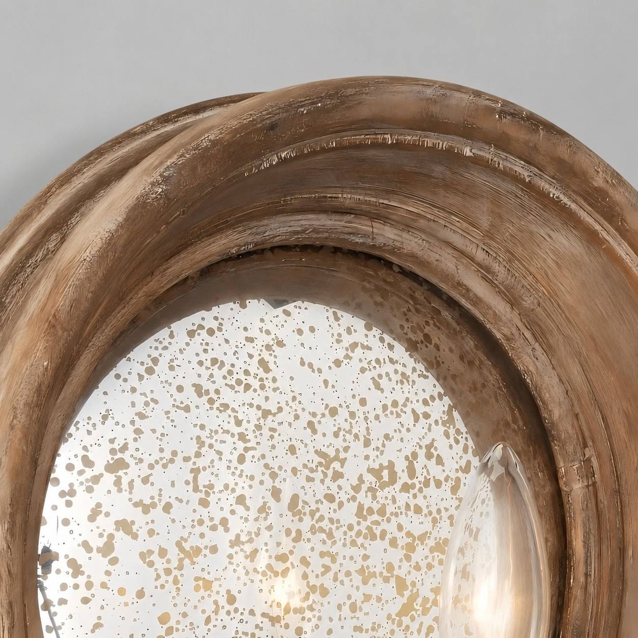 Natural wood round mirror wall sconce with brass candle arm
