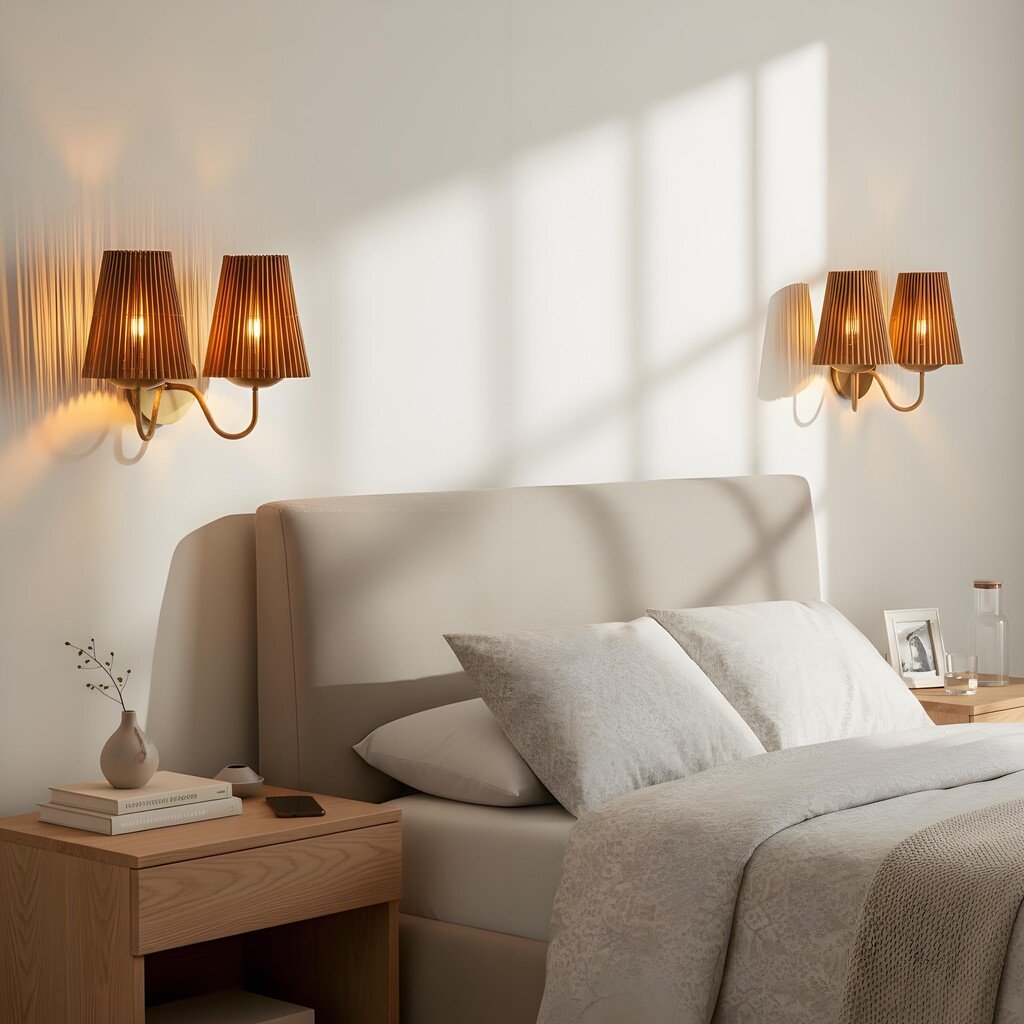 Zhoove Bamboo Wall Lamp - Pleated Natural Shade Design for Living Room or Bedroom