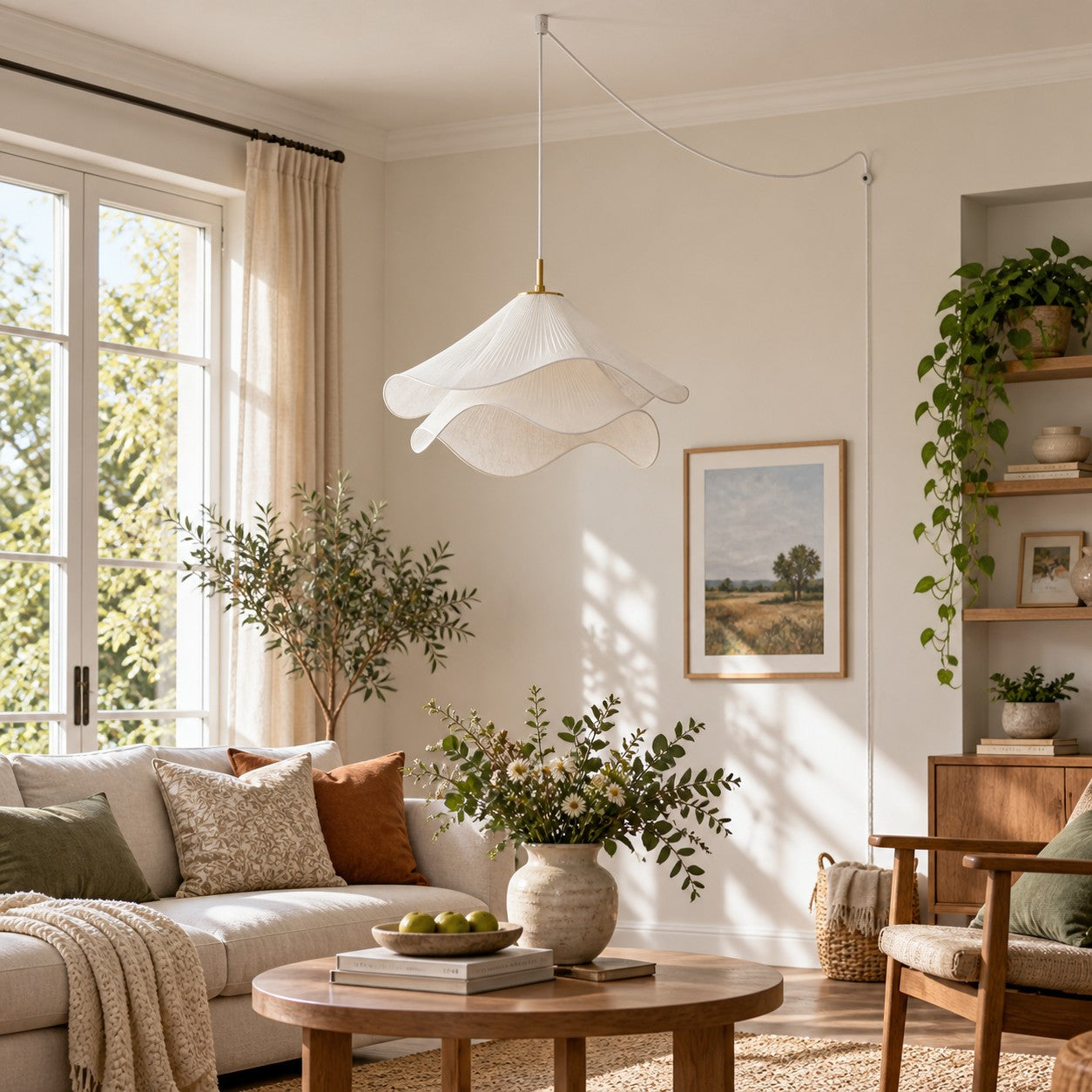 Plug-in-Pendelleuchte mit mehrlagigem plissiertem Stoff