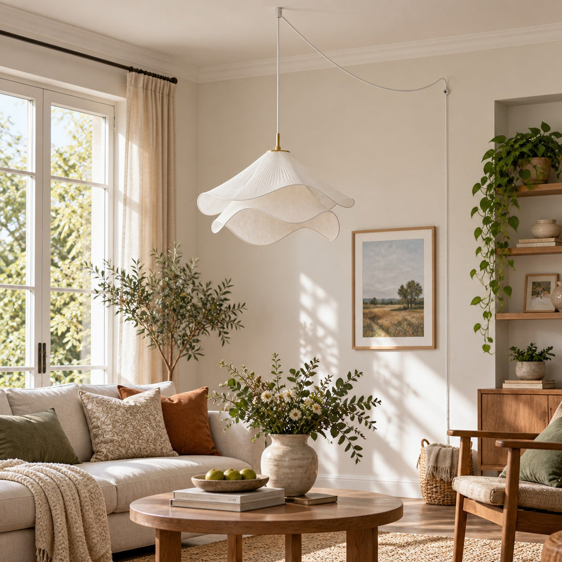 Plug-in-Pendelleuchte mit mehrlagigem plissiertem Stoff