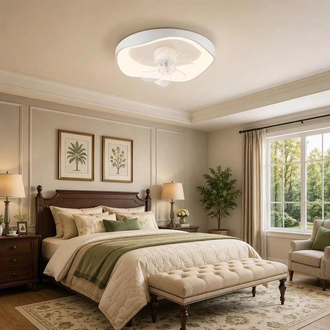 Ceiling fan light scale in a bright bedroom