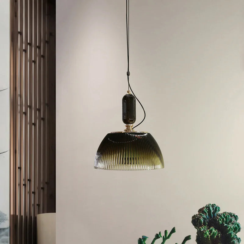 Green Glass Pendant Light - Vintage Striped Lamp for Kitchen Island