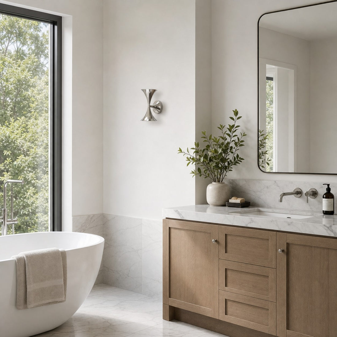Chrome wall sconce in a bright neutral interior