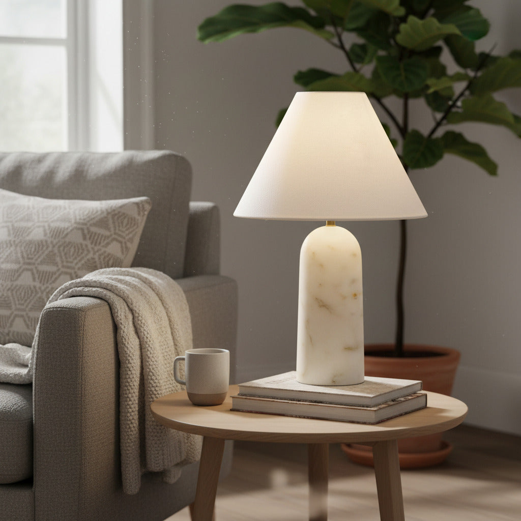 Albi Minimalist Marble Table Lamp – Elegant Fabric Shade Suitable for Any Room