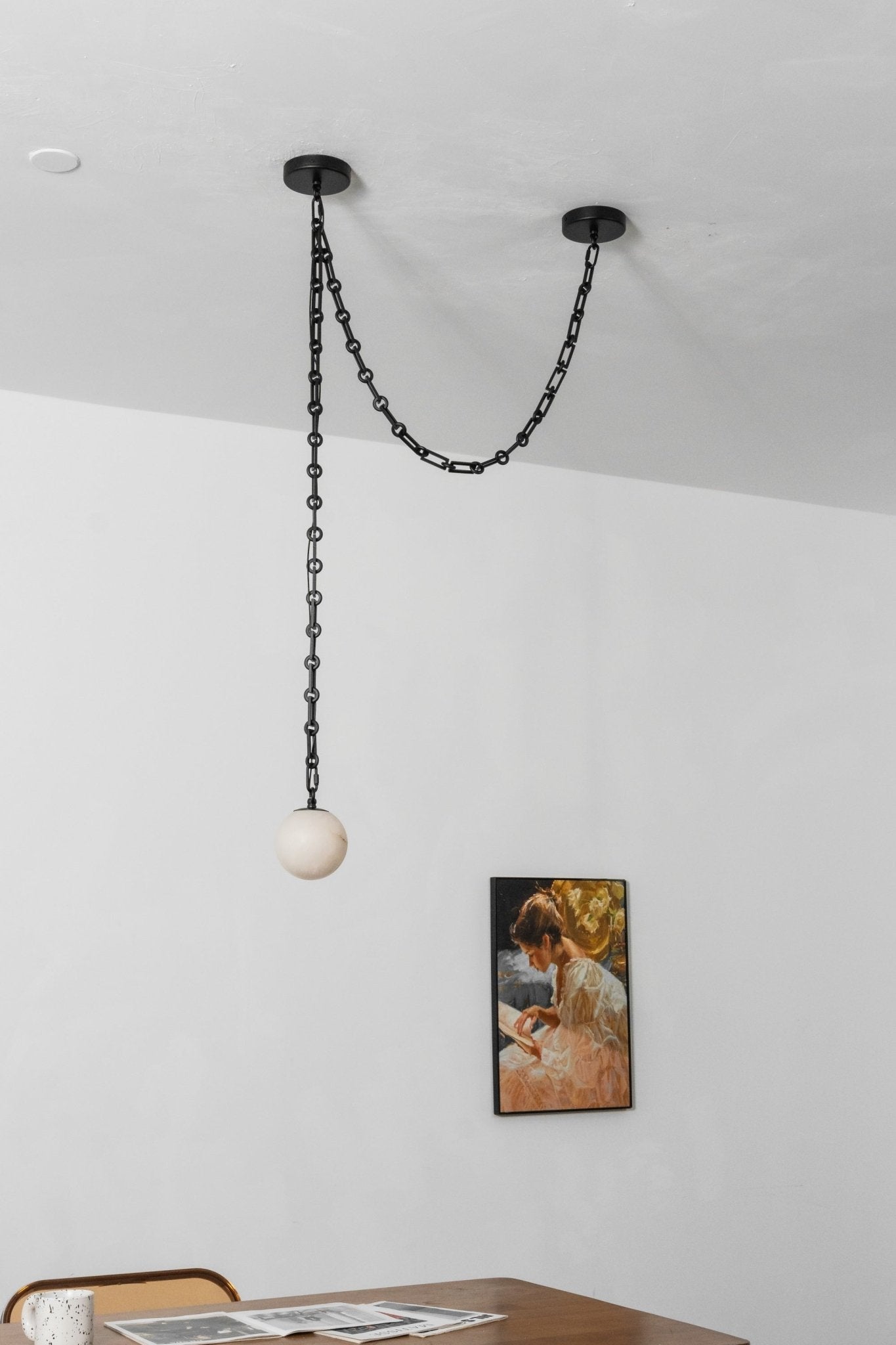 Black Metal Alabaster Globe Hardwired Chandelier