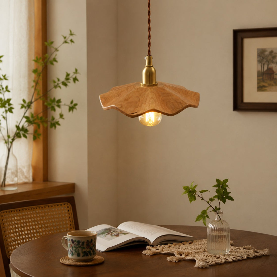 cherry wood lotus pendant light over dining table