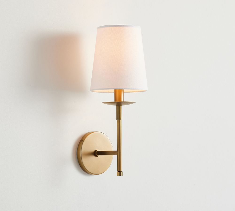 Rowan Bronze or Brass Wall Sconce - Iron Light with White Linen Shade for Home