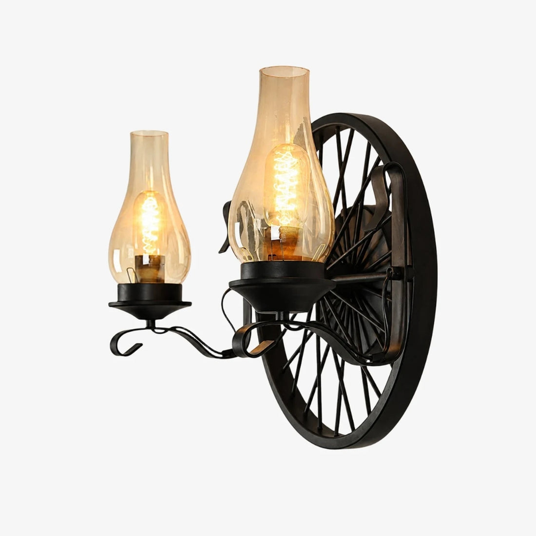 Black wagon wheel wall sconce with two light heads