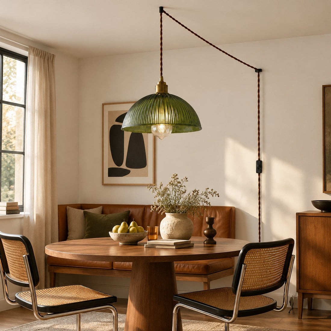 Vintage Ribbed Glass Shade Plug‑in Swag Pendant Light - Hanging Lamp for Dining and Living Room