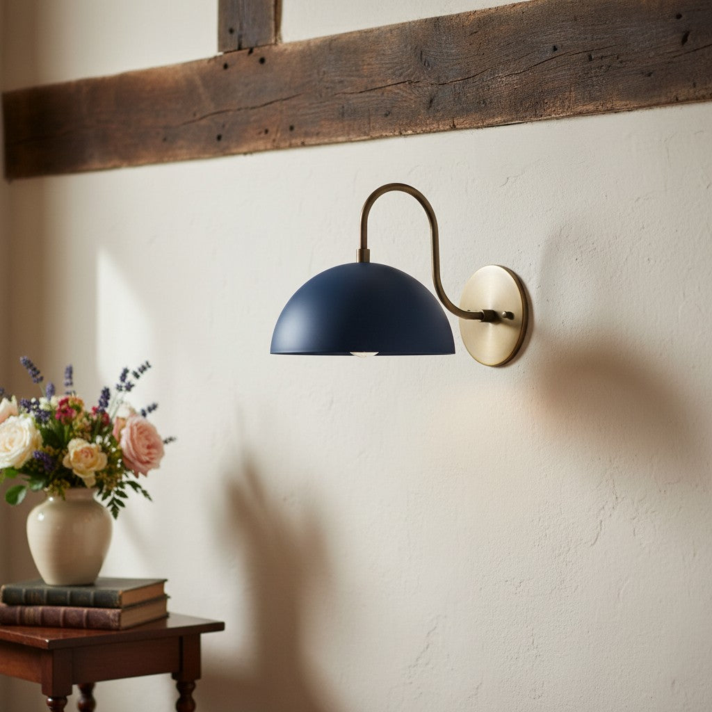 Curva Metal Industrial Wall Sconce - Curved Brass Arm - Hammered Dome Light Fixture