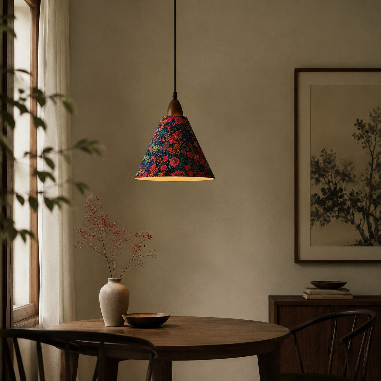 Gold foil floral pendant in softly lit dining room