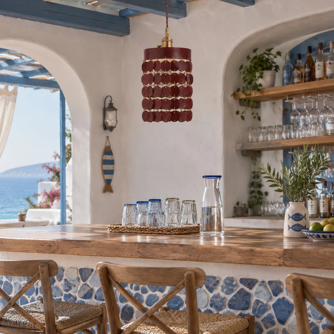 Brown leather pendant light in a Mediterranean kitchen