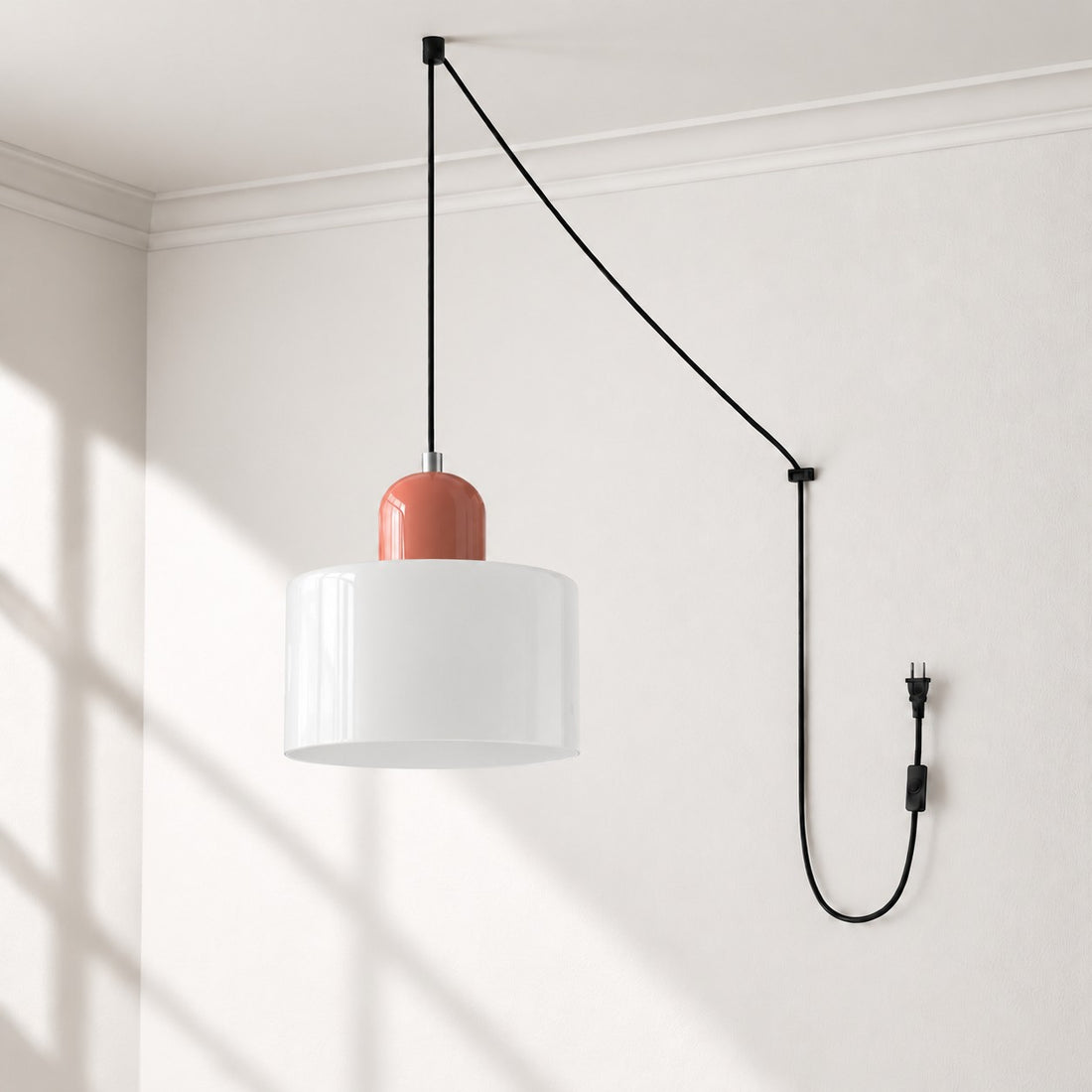 Mid-Century-Makronen-Pendelleuchte mit Stecker und Zugkabel - Bunter Lampenschirm als Hängelampe für die Wohnraumdekoration