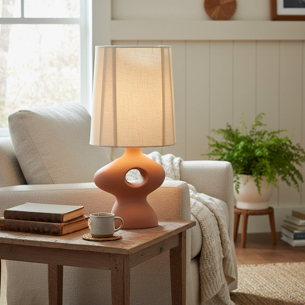 Pryssa Ceramic Table Lamp with Ivory Linen Shade -  Artistic Lighting for Living Room or Bedroom