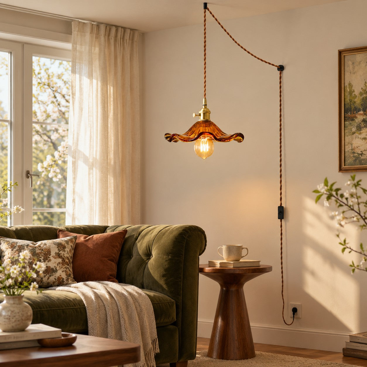 Geriffelte florale Glas-Hängeleuchte mit Kabel