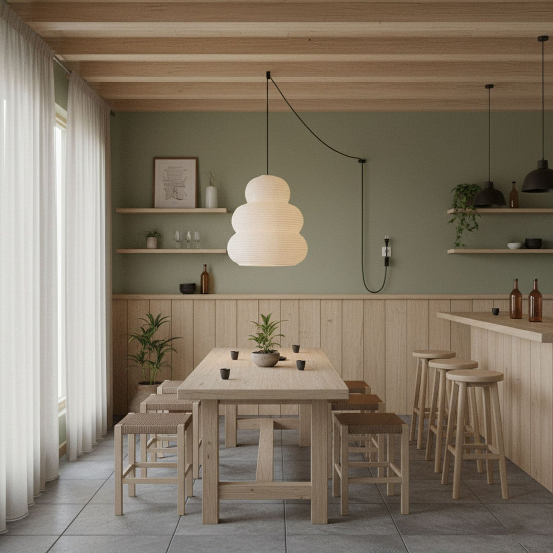 Beige Mulberry Paper Swag Pendant Light