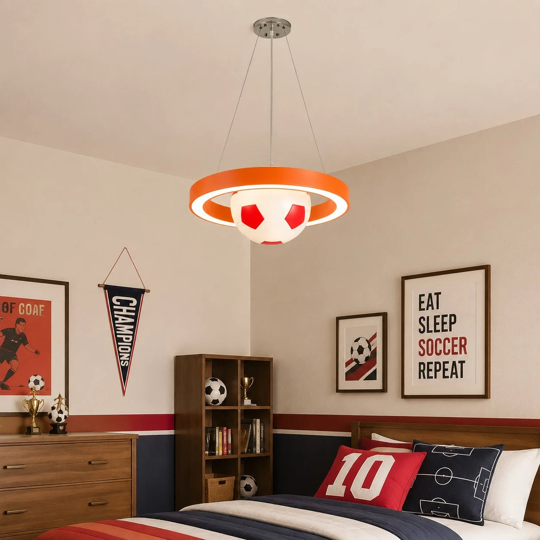 Orange soccer pendant chandelier kids room scene