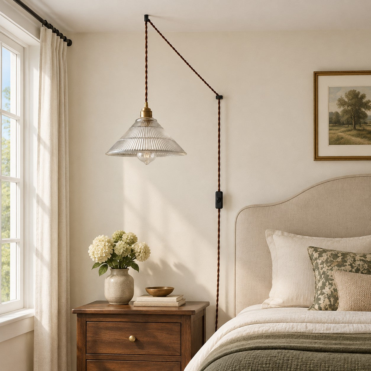Vintage Ribbed Glass Shade Plug‑in Swag Pendant Light - Hanging Lamp for Dining and Living Room