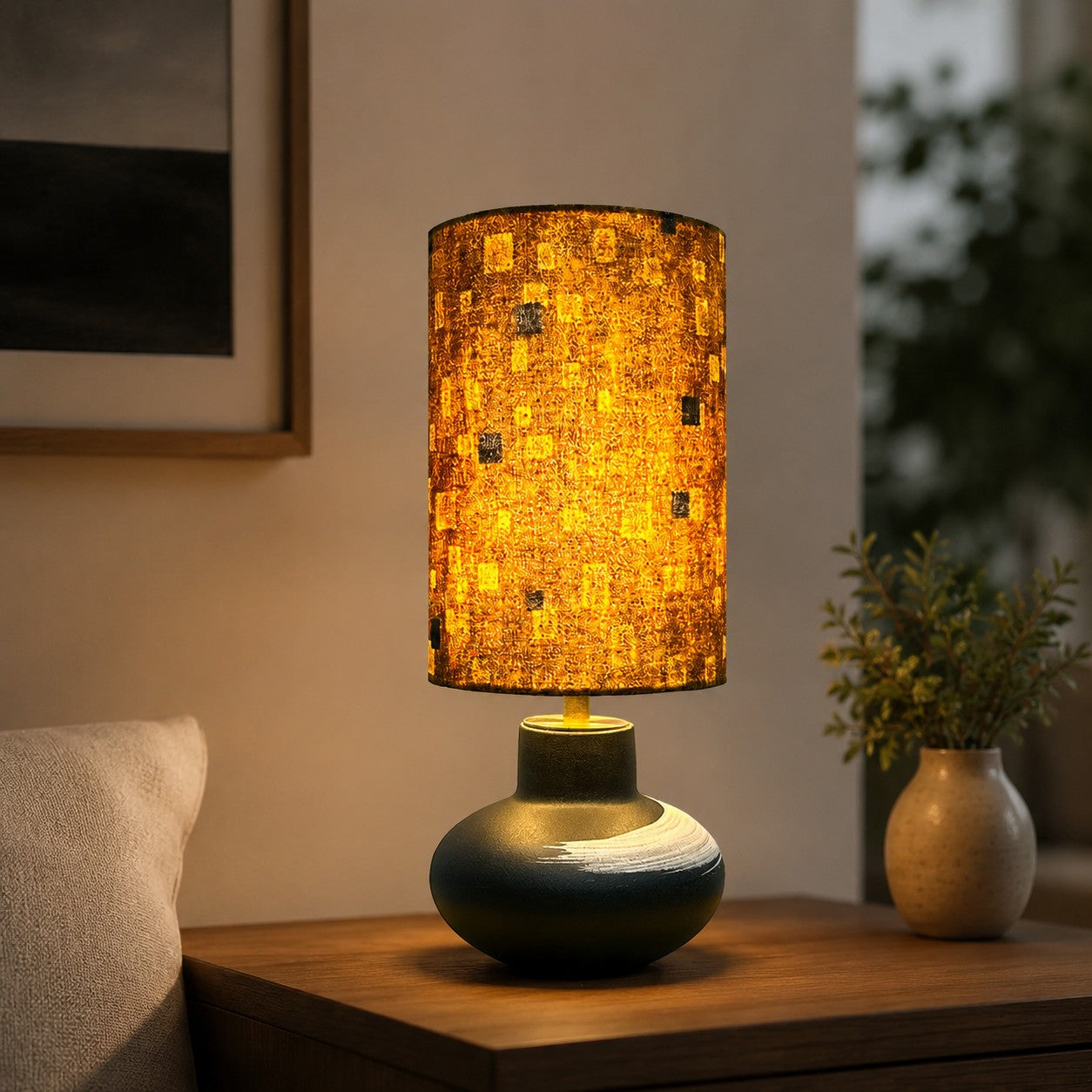 Handcrafted Speckled Fabric Shade Ceramic Table Lamp