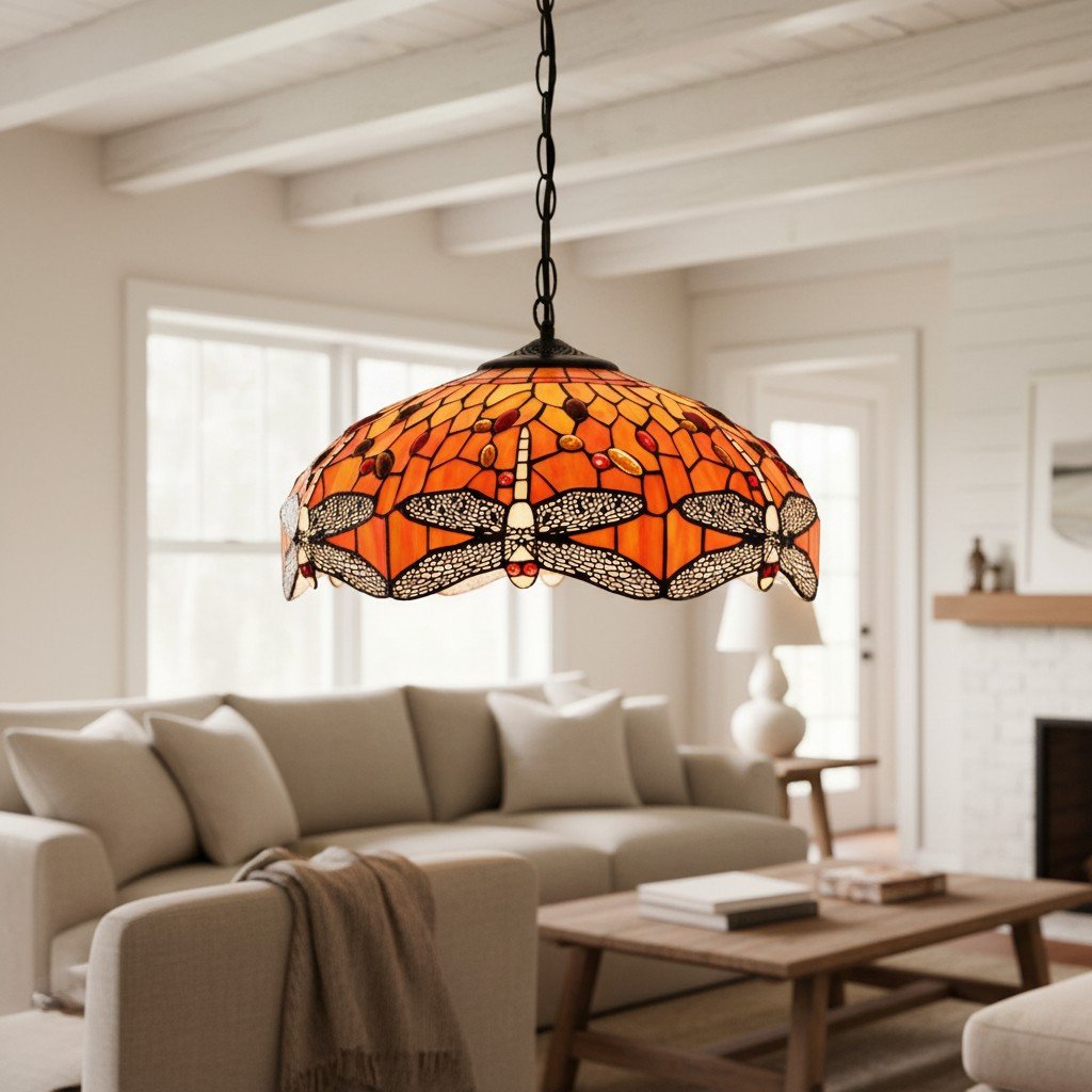 TF Dragonfly Tiffany Pendant Light – Art Nouveau Stained Glass Pendant for Living