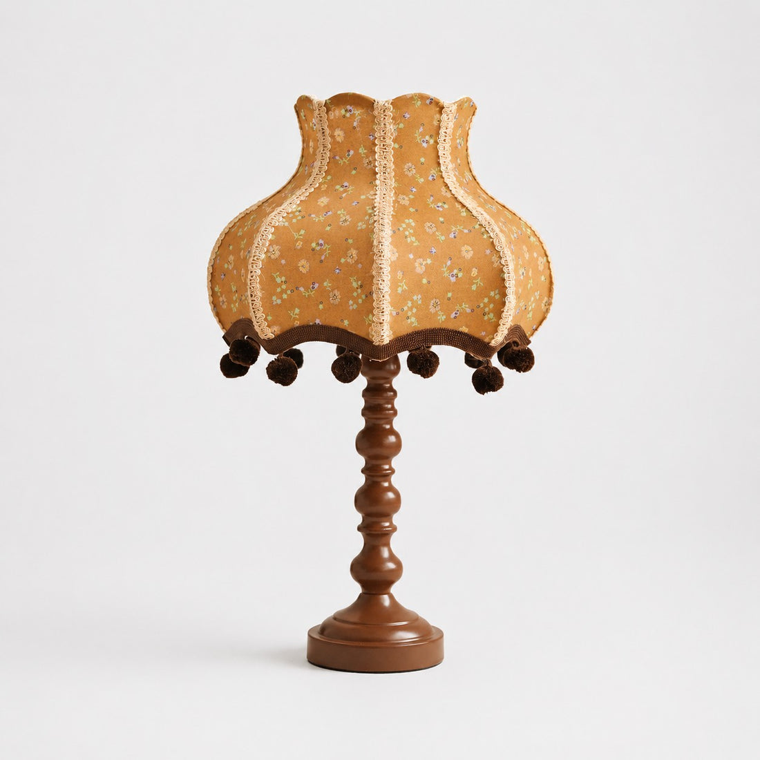 Vintage warm coffee floral fabric table lamp on white background