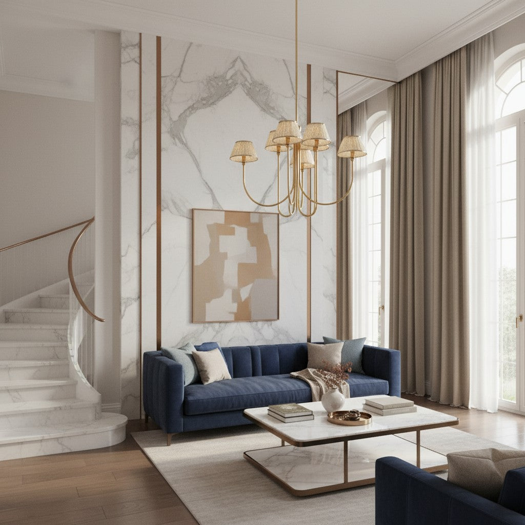 Ruchee Chandelier – Layered Fabric Shade Brass Ceiling Light for Dining or Living Spaces