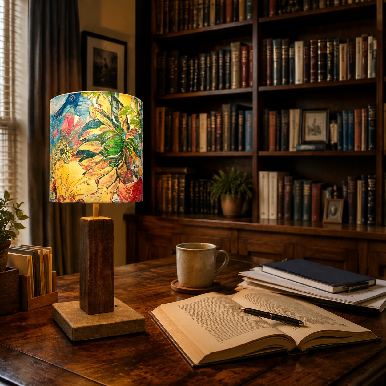 Colorful printed fabric table lamp in a styled interior