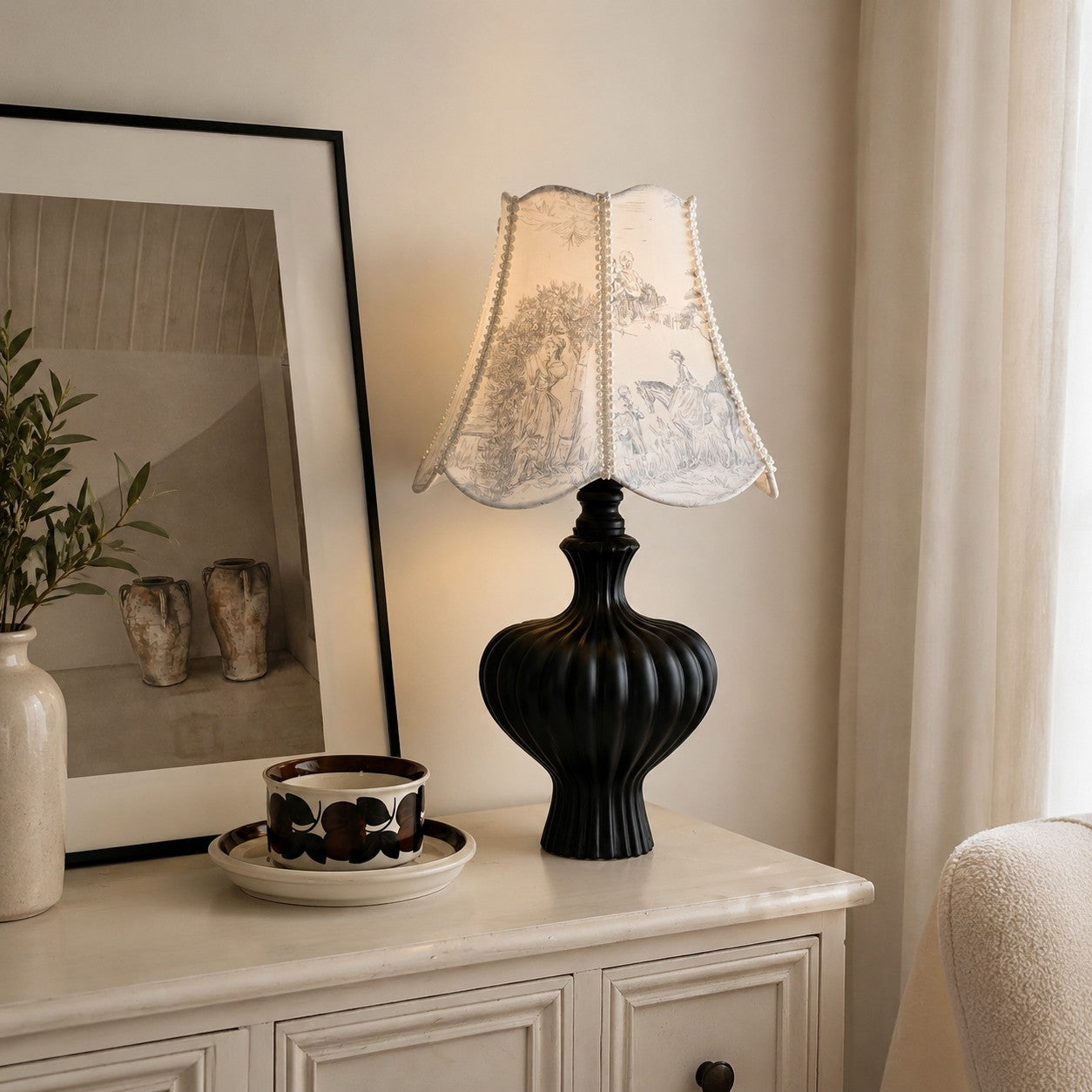 French Vintage Printed Shade Table Lamp