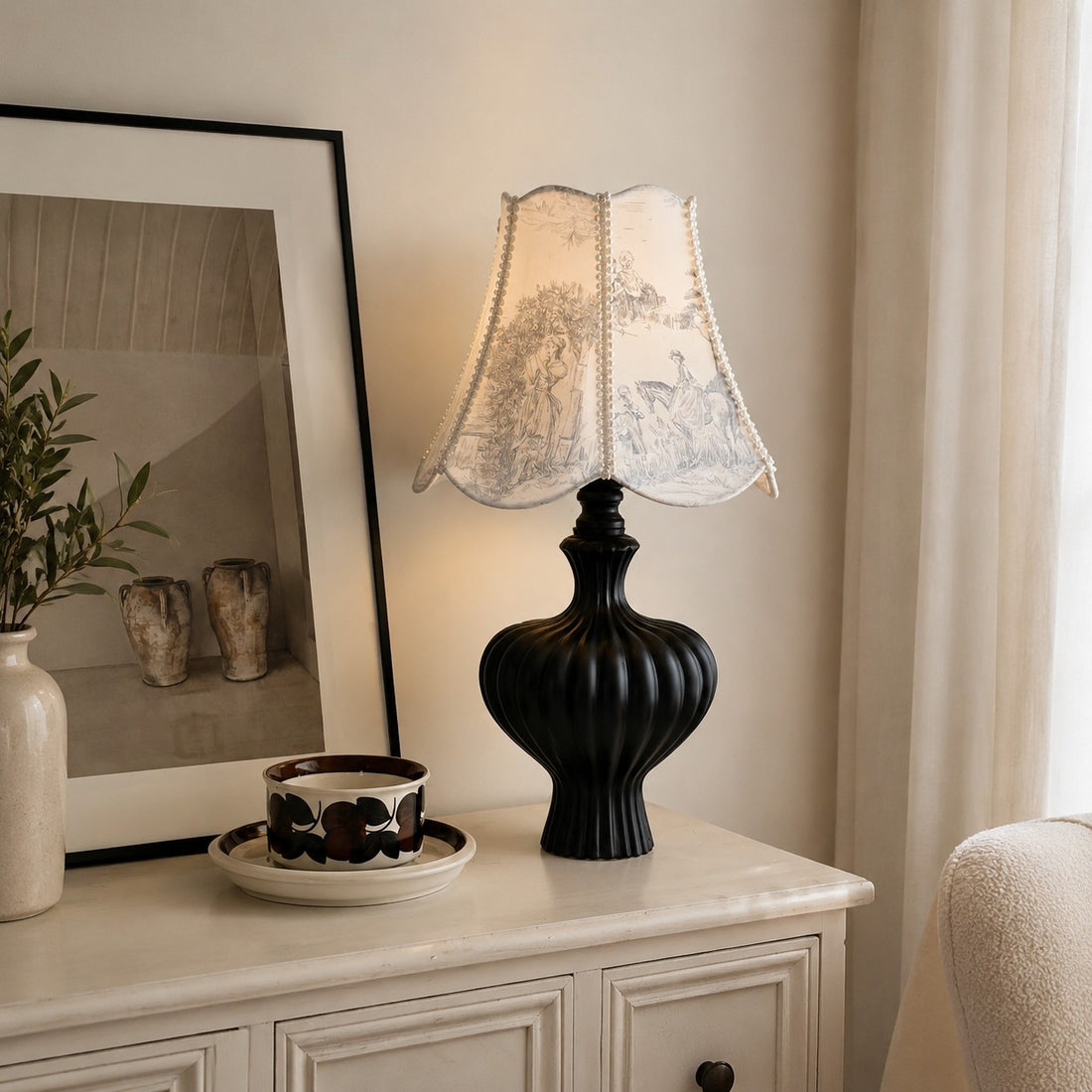 French Vintage Printed Shade Table Lamp