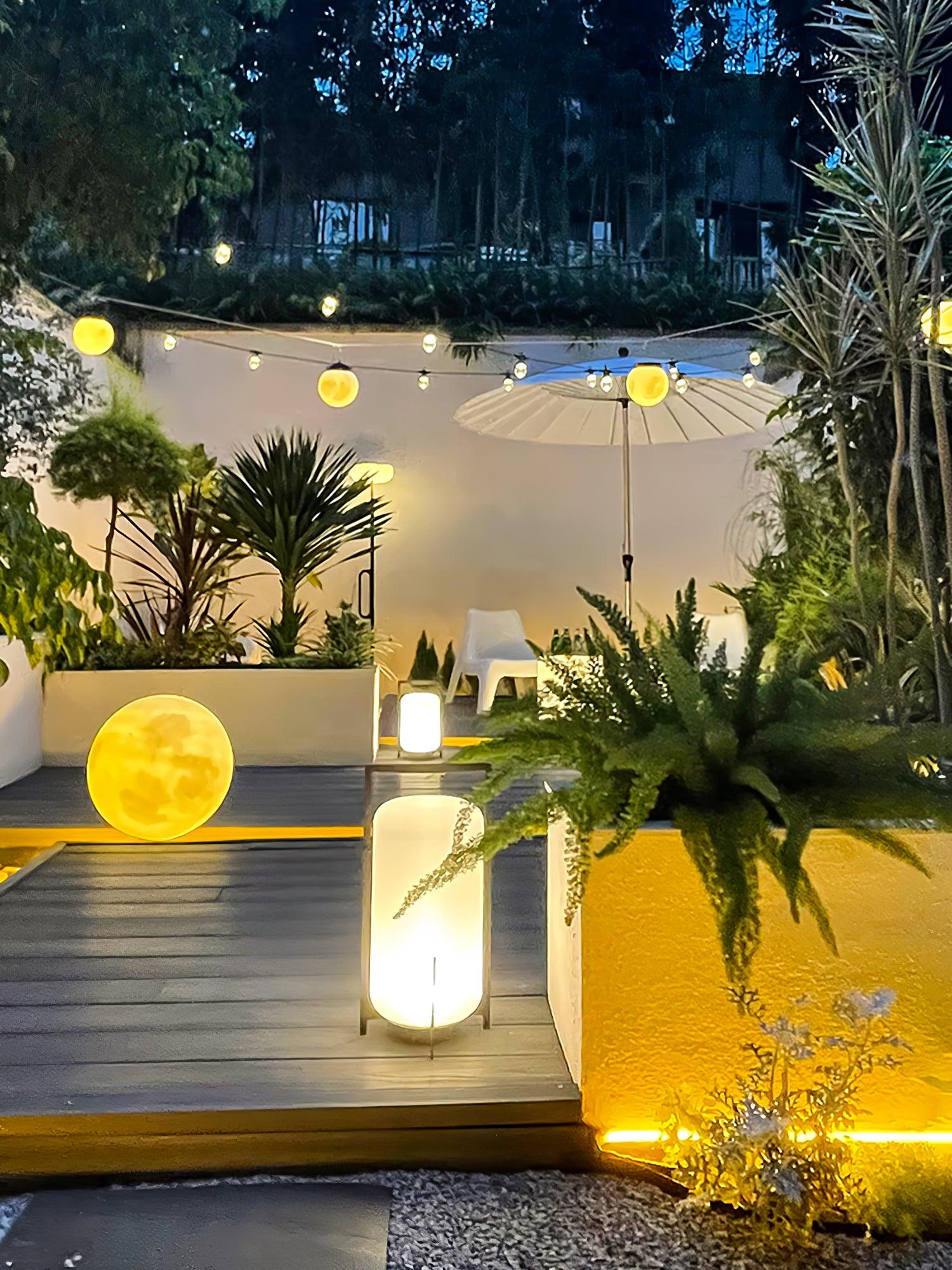 Black Lantern Table Lamp - Outdoor LED Light with Blown Glass Shade