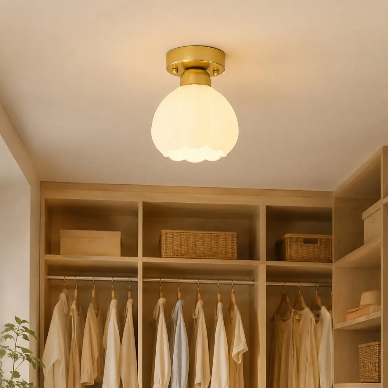 Milk glass flower ceiling light in a small dressing room