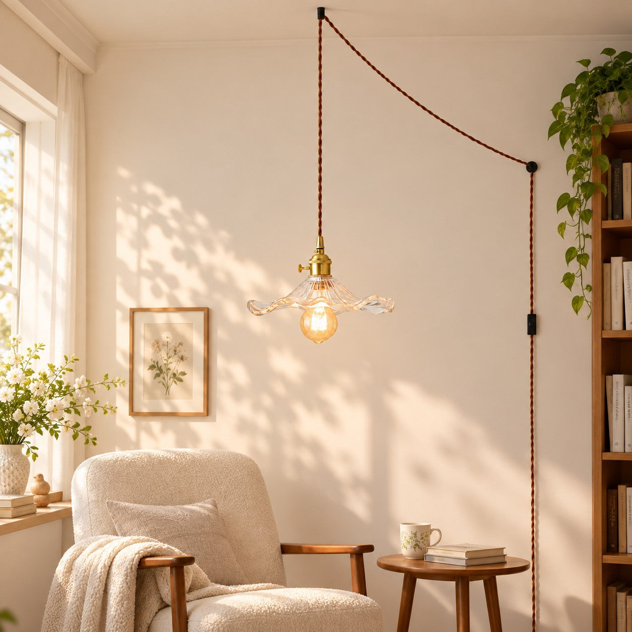 Geriffelte florale Glas-Hängeleuchte mit Kabel
