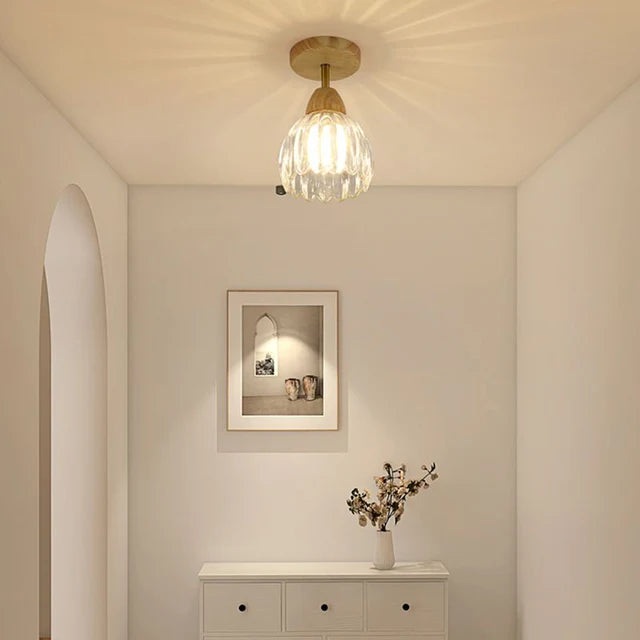 Clear Glass Ceiling Light - Minimalist Flower Wood Fixture for Hallway