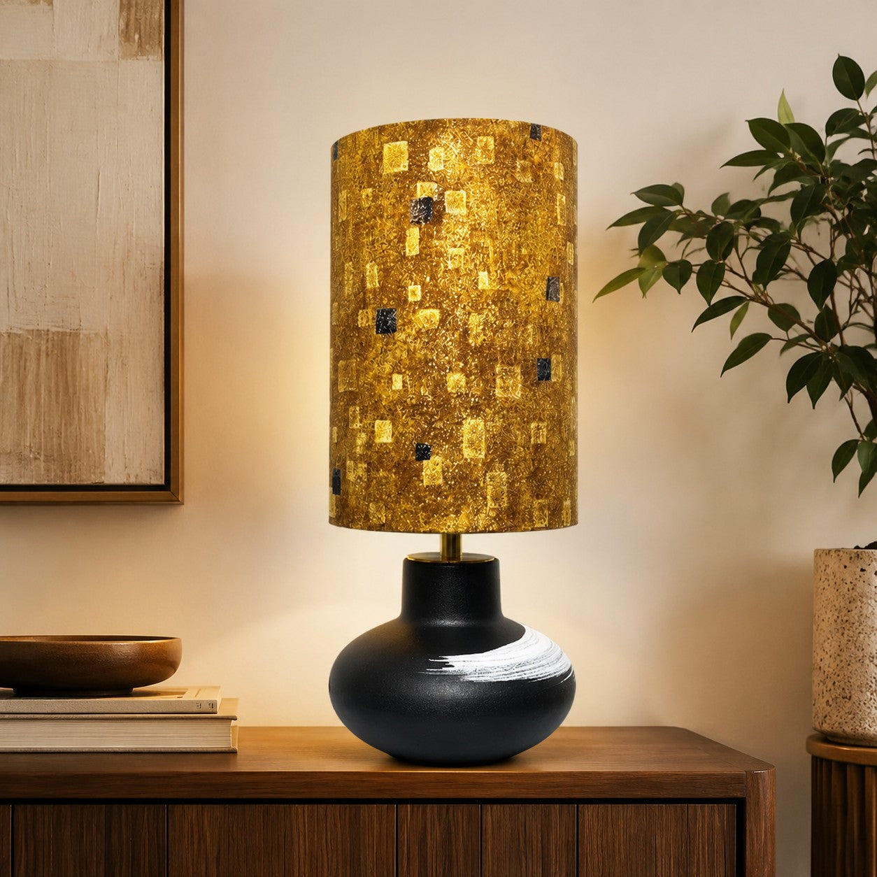 Handcrafted Speckled Fabric Shade Ceramic Table Lamp