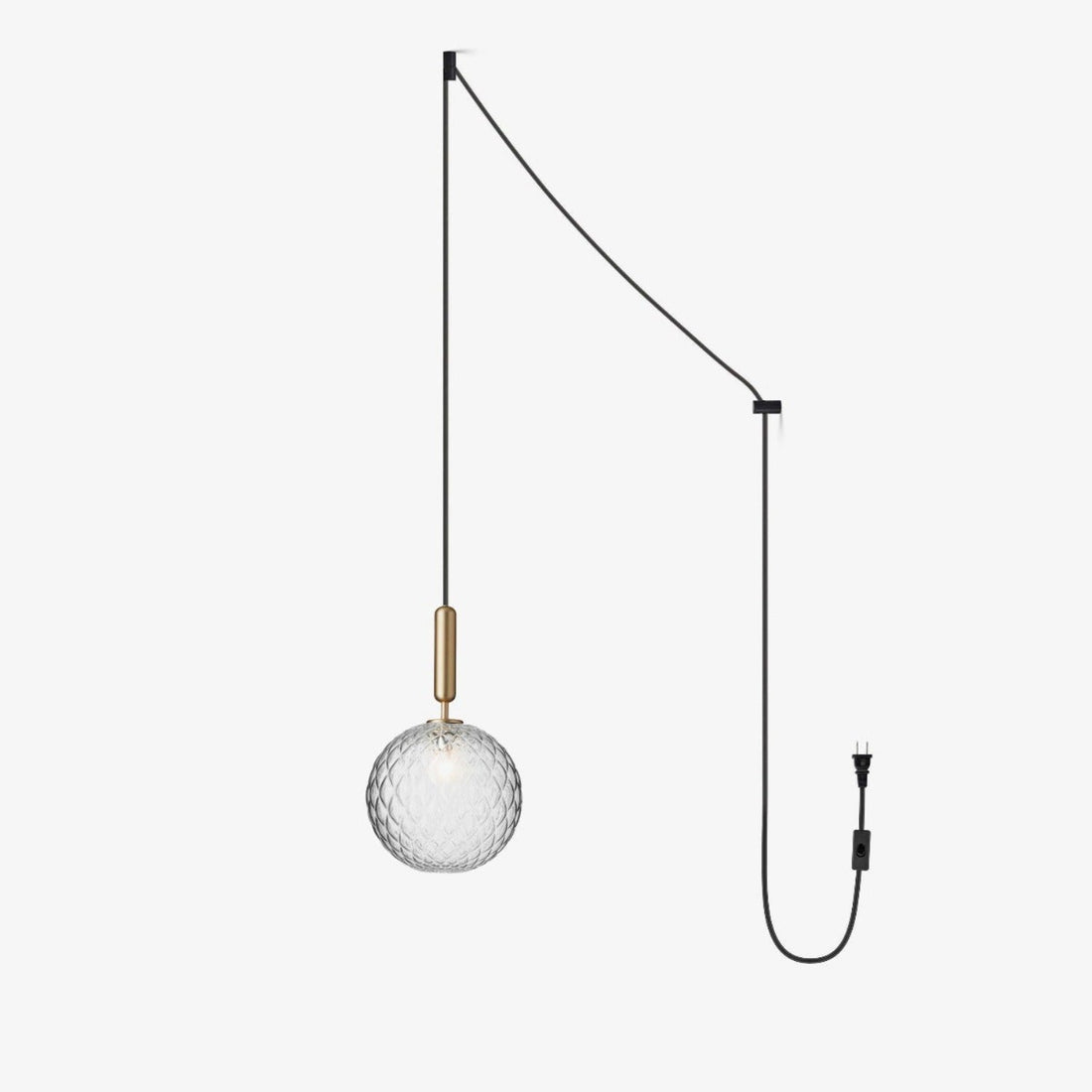 Abgerundete Stecker-Pendelleuchte aus Messing und Glas