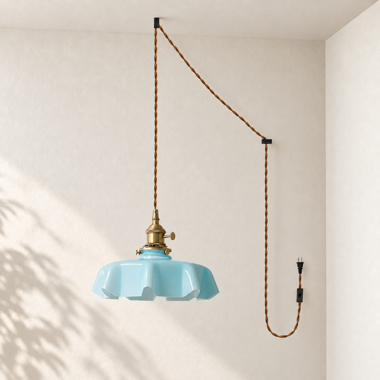 Pleated Glass Antique Brass Plug-In Swag Pendant