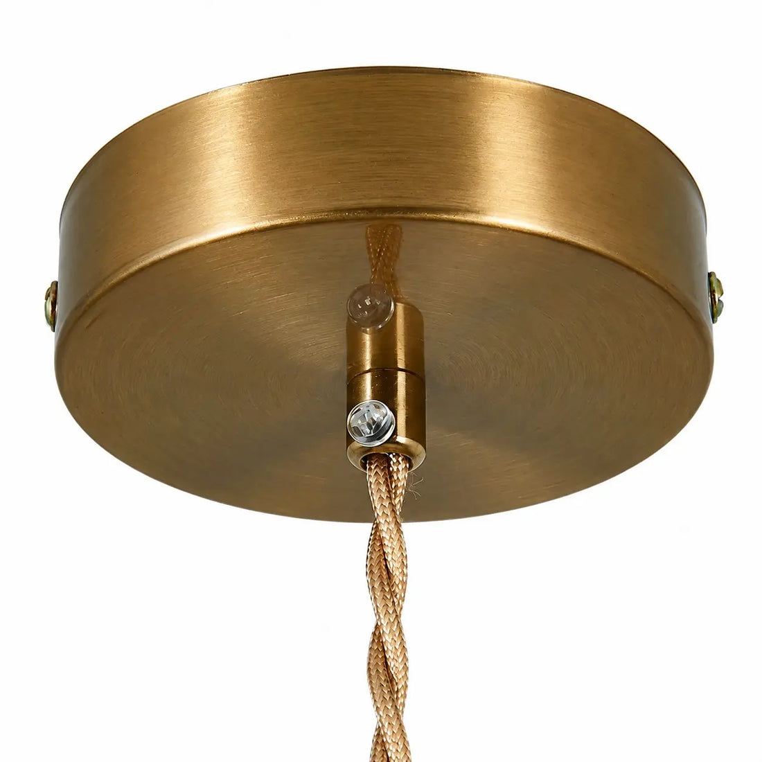 Antique brass tone canopy and cord entry detail