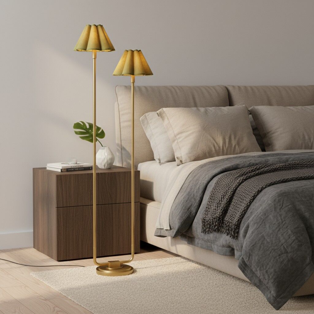 Duova Minimalist 2‑Light Floor Lamp - Modern Pleated Fabric Metal Light for Bedroom or Living Room